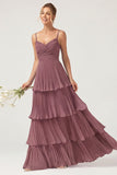 Dark Green A Line Ruched Pleated Spaghetti Straps Tiered Bridesmaid Dress