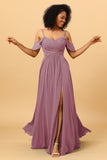 A Line Spaghetti Straps Long Chiffon Bridesmaid Dress With Slit