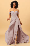 A Line Off the Shoulder Ruched Chiffon Floor-Length Bridesmaid Dress with Slit