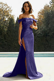 Metallic Gold Off The Shoulder Sheath Pleated Long Prom Dress with Slit