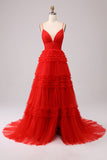 Red A Line Spaghetti Straps Long Tulle Prom Dress with Ruffles