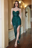 Dark Green Sheath Spaghetti Straps Sequins Prom Dress with Split Front