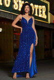 Royal Blue Lace-Up Back Sequin Long Mermaid Prom Dress with High Slit