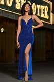 Royal Blue Lace-Up Back Sequin Long Mermaid Prom Dress with High Slit