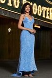 Sparkly Blue Mermaid Spaghetti Straps Long Prom Dress With Sequins