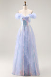 Light Blue Off The Shoulder Sequins A-Line Long Prom Dress with Ruffles