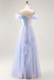 Light Blue Off The Shoulder Sequins A-Line Long Prom Dress with Ruffles