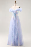 Light Blue Off The Shoulder Sequins A-Line Long Prom Dress with Ruffles