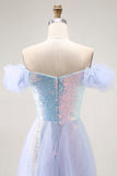 Light Blue Off The Shoulder Sequins A-Line Long Prom Dress with Ruffles