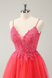 Cute Hot Pink A Line Spaghetti Straps Sequin Short Homecoming Dress with Appliques