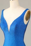 Blue Sheath Deep V Neck Short Homecoming Dress with Beading