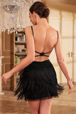 Sparkly Sheath Spaghetti Straps Black Sequins Gatsby Dress with Butterfly