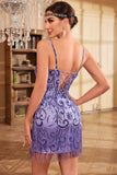 Bodycon Spaghetti Straps Purple Sequins Party Dress with Fringes