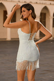 Glitter Fringe Sequin White Bodycon Beaded Short Homecoming Dress with Lace Up Back