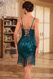 Bodycon Spaghetti Straps Blue Sequins Party Dress with Tassel