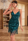 Bodycon Spaghetti Straps Blue Sequins Party Dress with Tassel