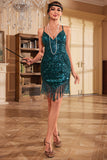 Bodycon Spaghetti Straps Peacock Blue Sequins Party Dress with Tassel