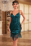 Bodycon Spaghetti Straps Peacock Blue Sequins Party Dress with Tassel