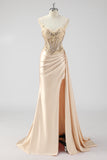 Dusty Blue Mermaid Pleated Sheer Corset Satin Long Prom Dress With Slit