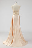 Dusty Blue Mermaid Pleated Sheer Corset Satin Long Prom Dress With Slit