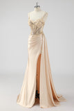Dusty Blue Mermaid Pleated Sheer Corset Satin Long Prom Dress With Slit
