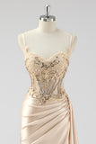 Dusty Blue Mermaid Pleated Sheer Corset Satin Long Prom Dress With Slit