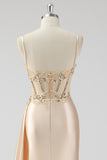 Dusty Blue Mermaid Pleated Sheer Corset Satin Long Prom Dress With Slit