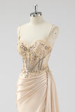 Dusty Blue Mermaid Pleated Sheer Corset Satin Long Prom Dress With Slit