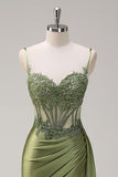Silver Mermaid Ruched Sheer Top Corset Satin Watteau Train Prom Dress With Slit