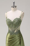 Green Mermaid Pleated Satin Corset Watteau Train Long Prom Dress With Slit