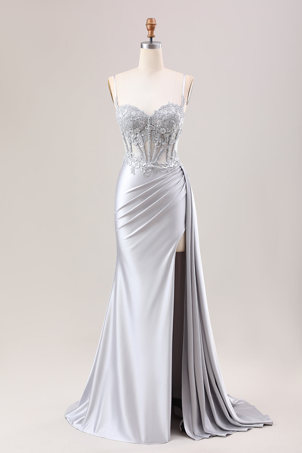 Wedtrend Women Silver Prom Dress With Slit Mermaid Ruched Sheer Top Corset Satin Watteau Train Evening Dress WEDTREND Wedtrend Women Silver Prom Dress With Slit Mermaid Ruched Sheer Top Corset Satin Watteau Train Evening Dress WEDTREND