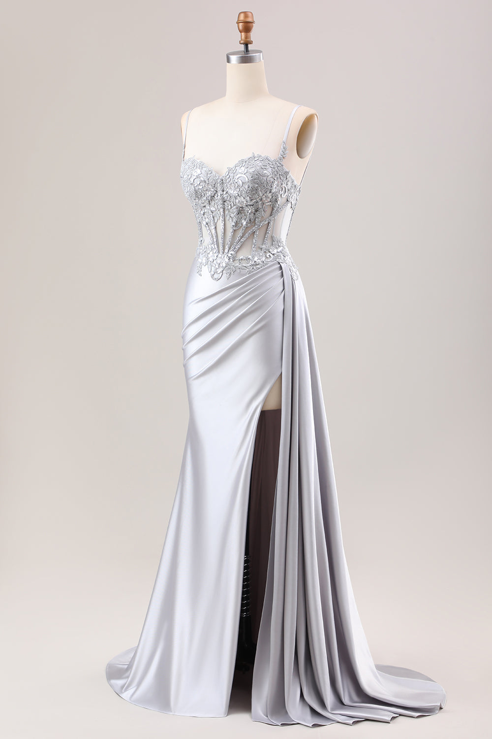 Wedtrend Women Silver Prom Dress With Slit Mermaid Ruched Sheer Top Corset Satin Watteau Train Evening Dress WEDTREND Wedtrend Women Silver Prom Dress With Slit Mermaid Ruched Sheer Top Corset Satin Watteau Train Evening Dress WEDTREND