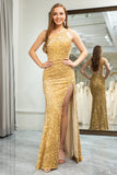 Mermaid Sequins One Shoulder Golden Prom Dress with Slit