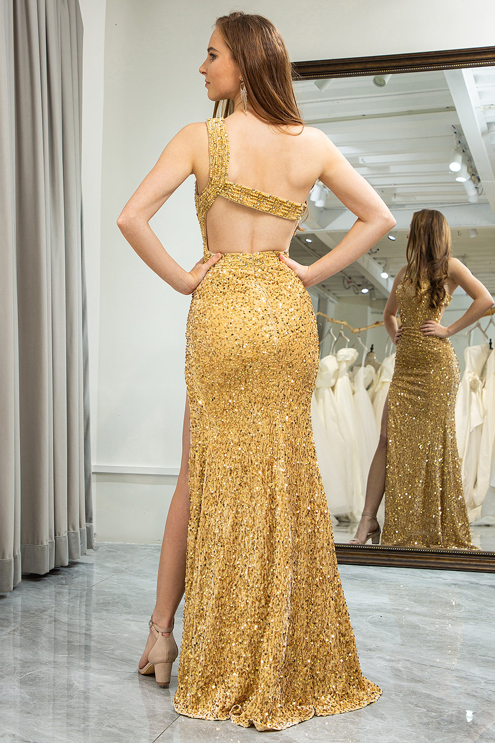 Golden Mermaid One Shoulder Fringe Glitter Sequin Prom Dress With Slit