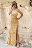 Golden Mermaid One Shoulder Fringe Glitter Sequin Prom Dress With Slit