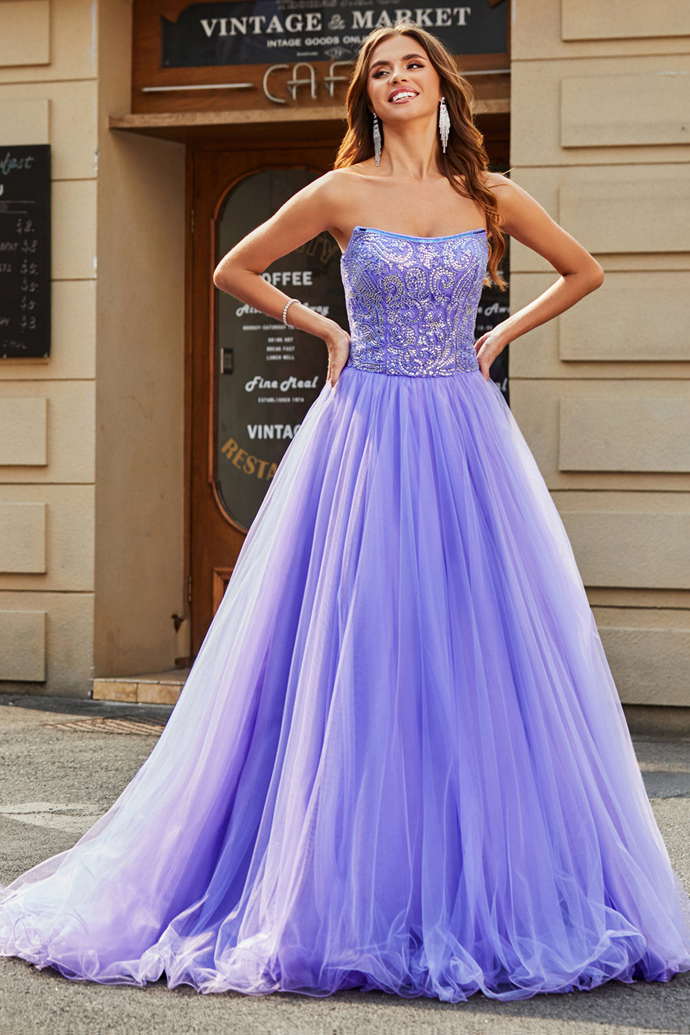 Wedtrend Women Lilac Prom Dress Strapless Princess Tulle A-Line Evening Dress With Sequins WEDTREND Wedtrend Women Lilac Prom Dress Strapless Princess Tulle A-Line Evening Dress With Sequins WEDTREND
