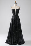 Glitter Black A Line Corset Long Prom Dress With Feather