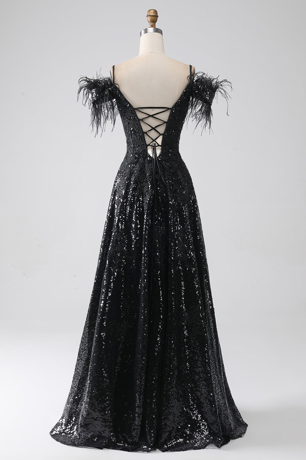 Glitter Black A Line Corset Long Prom Dress With Feather