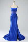 Mermaid Strapless Pleated Corset Long Royal Blue Prom Dress with Slit