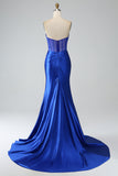 Mermaid Strapless Pleated Corset Long Royal Blue Prom Dress with Slit