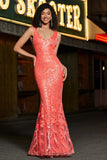 Coral Mermaid V Neck Sequins Long Prom Dress with Appliques