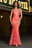 Coral Mermaid V Neck Sequins Long Prom Dress with Appliques