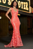 Coral Mermaid V Neck Sequins Long Prom Dress with Appliques