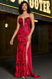 Stylish Dark Red Mermaid Spaghetti Straps Sequin Corset Prom Dress with Split Front