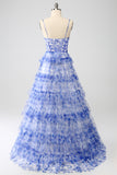 Blue Flower A-Line Halter Floral Print Tiered Long Prom Dress
