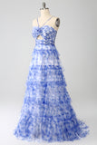 Blue Flower A-Line Halter Floral Print Tiered Long Prom Dress