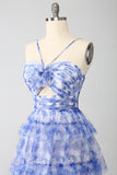 Blue Flower A-Line Halter Floral Print Tiered Long Prom Dress