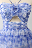 Blue Flower A-Line Halter Floral Print Tiered Long Prom Dress