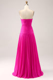 Fuchsia A-Line Pleated Hollow Out Long Maxi Dress With Slit