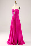 Fuchsia A-Line Pleated Hollow Out Long Maxi Dress With Slit